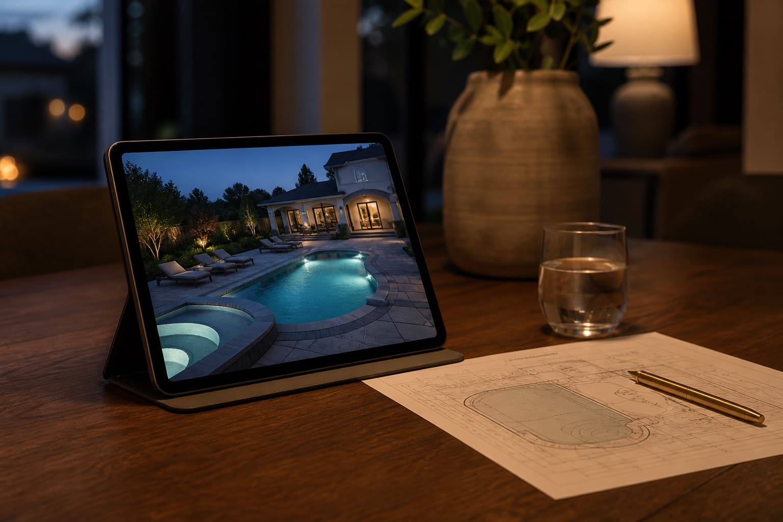 Tablet on a dining table showing a pool design beside a printed plan